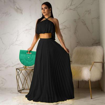 China New Arrivals Summer Women Bohemian Sustainable Chic Beach Clothing Two Piece Skirt Long Sets Pure Color Pleated Crop Top & Long Skirts Set - ZR for sale