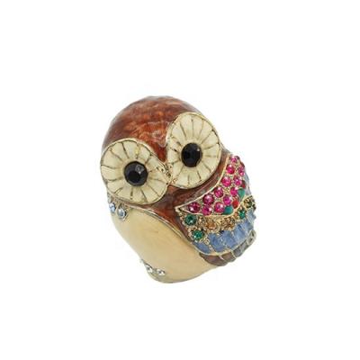 China Box for Painting High Quality Crystal Decorated Souvenir Small Gift Ring Box Collectable Enamel Brown Owl Metal Jewelry Trinket Box for sale