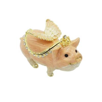 China Box For Jewelry Flying Pig With Crown With Wings Metal Jewelry Trinket Box Gold Plated White Enameled Crystals Farm Animal Gift for sale