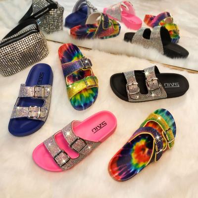 China 2021 new fashion trend women's sandals flat bottom rhinestone double button color summer wear slippers for sale