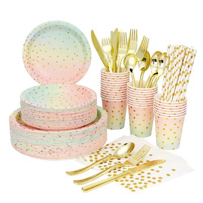 China Colorful Disposable With Golden Pot 8-Piece Party Tableware Hotel Paper Plate Disposable Towel Straw Set In Tableware for sale