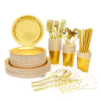 China Disposable Napkin Straw Gold 8-Piece Disposable Party Tableware Hotel Paper Plate Paper Cup Set in Tableware for sale