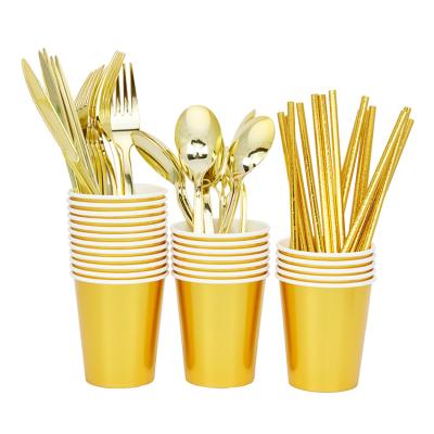 China Disposable Rose Gold Plastic Disposable Metallic Coated Party Use Gold Silver Coated Cutlery Set for sale