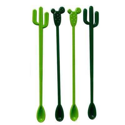 China Disposable Party Bar Wine Cocktail Coffee Milk Tea Stirring Green Tree Shape Plastic Spoon Coconut Drinks Stirrer for sale