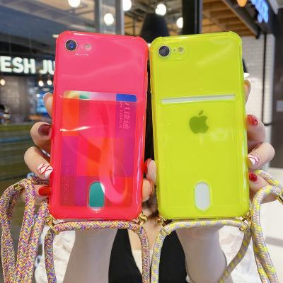 China Colorful shockproof neck strap case neck strap phone case for iphone 11 credit card holder rope tpu case for sale