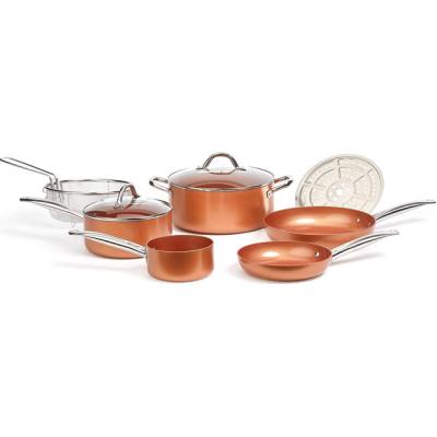 China Sustainable 10 pcs set non stick liner aluminum cookware set copper color frying pan cooking pot sets for sale