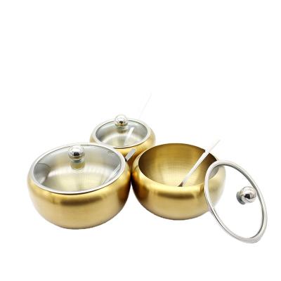 China Viable Gold Condiment Container Stainless Steel Salt And Pepper Bowls Sugar Bowl With Lid for sale