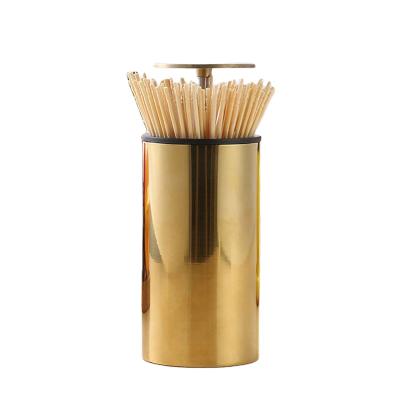 China Sustainable Gold Color Case Toothpick Holder Stainless Steel Semi-automatic Toothpick Dispenser for sale