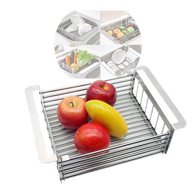 China Sustainable Functional Home Adjustable Dish Drying Rack Fruit Stainless Steel Kitchen Sink Wash Vegetable Telescopic Drain Basket for sale