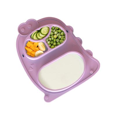 China New Design BPA Dinosaur Baby Dish Tableware Kids BPA Free Cute Foldable Silicone Free Suction Feeding Set for sale