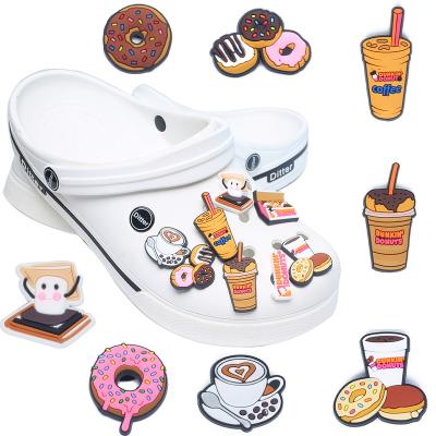 China Custom Wholesale Chain Brand Coffee Baking Shoe Charm Fast Food Shoe Charms Dunkin Donuts Croc Charms for sale