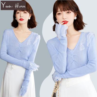 China YEAH HUPOR Long Sleeve Blue Anti-wrinkle Long Sleeve Ruched Lace Splicing Custom Knit V Neck Sweaters Women for sale