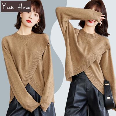 China Anti-Wrinkle Modest Design Crewneck Sweaters YEAH HUPOR Fashionable Irregular Pullover Wrap Modest Women Knitted for sale