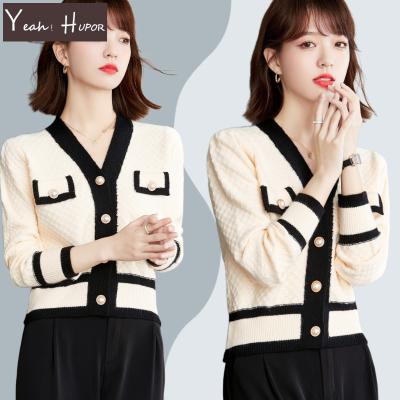 China YEAH HUPOR High End Elegant Pearl Button Jacquard Knitted Women Cardigan Sweater Long Sleeve Anti-Wrinkle for sale