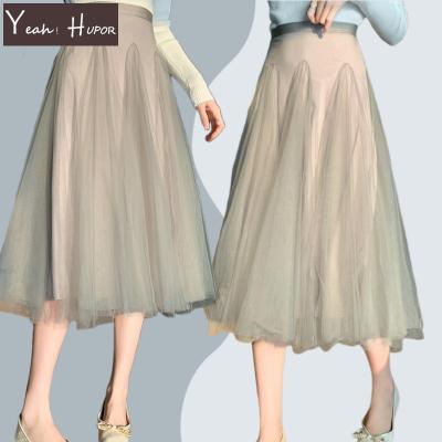 China YEAH HUPOR Anti-Static High Quality Double Layer A Line Pleated Mesh Women Lace Up Long Pleated Skirts for sale