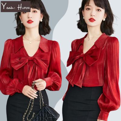 China 2022 Red Women's Sleeve Satin Blouse HUPOR Anti-pilling YEAH Polyester Stock Ready Elegant Bow Long Tie Bow for sale