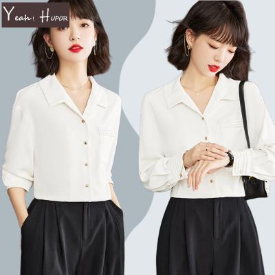 China HUPOR Office V Neck Elegant Korean Style Good Quality Chiffon Long Sleeve Anti-pilling YEAH White Shirts For Women Casual for sale