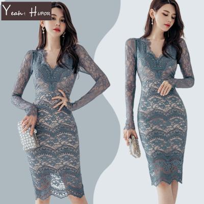 China YEAH HUPOR 2022 New High Quality Anti-Static Hollow Out V-Neck Long Sleeves Knee Elegant Summer Women Lace Up Dress for sale