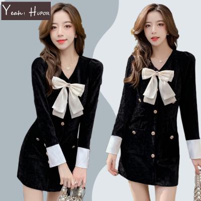 China HUPOR's Wild Bottom OUAIS New Hepburn Anti-Static V-Neck Bow-knot With Pockets French Winter Mini Dress for sale