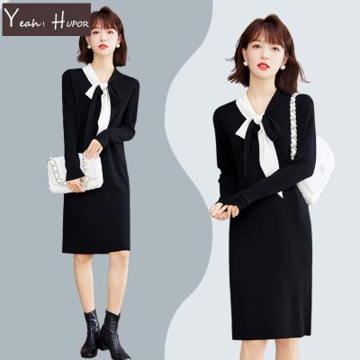 China Black And White Career Elegant Black And White Career Elegant Office Anti-static HUPOR Bow Neck Long Sleeve Dress for sale