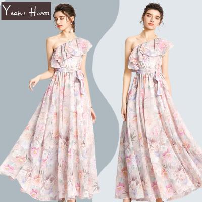 China YEAH HUPOR 2022 Anti-Static Wholesale Spring And Summer One Shoulder Ruffles Floral Holiday Swing Beach Dress for sale