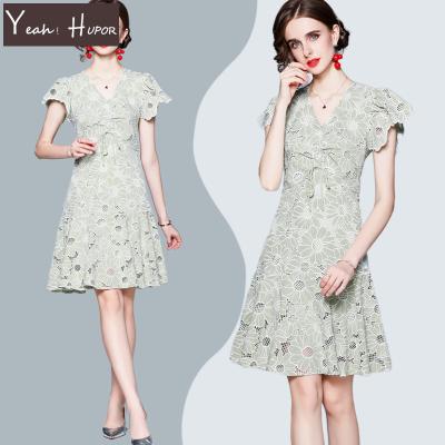 China YEAH anti-static HUPOR v neck lace hollow ruffle sleeve summer Korean mini dress elegant women casual for sale