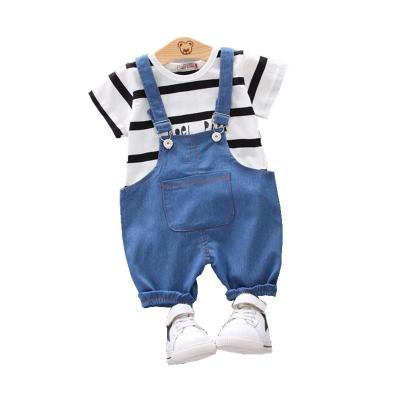 China New Children's Clothing Summer Casual Lovely Striped Denim Suspenders Baby Cotton T-shirt Short Sleeve Shorts Set Wholesale for sale