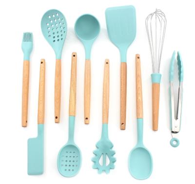 China 10 PCS Durable Heat Resistant Non-Stick Silicone Kitchen Utensils Set With Beech Wood Handles for sale