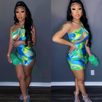 China 2022 Summer Women's Sexy Anti-static Y2K One Shoulder Dresses Hollow Beach Mini Dress Club Dress 2022 Colorful Print Bodycon Wrap for sale