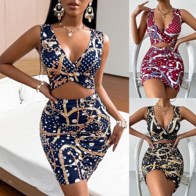 China Sleeveless Dresses 2022 Waist Y2K Bodycon Mini Dress Summer Hollow Out Short Skirt Suspender 2022 Printing Anti-static Chain Dress Women for sale