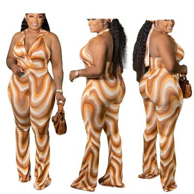 China 2022 viable new plus size one piece jumpsuits ladies rompers halter print women wide leg sleeveless casual backless summer overalls for sale