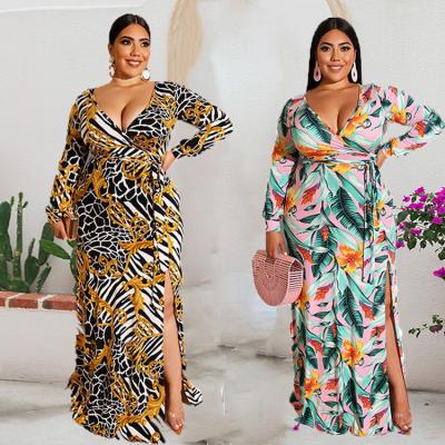 China Spring Viable 2022 Plus Size Women Dresses Floral Print Bohemian Maxi Dress African Women Dresses V-Neck Long for sale