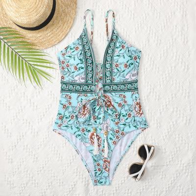 China Plus Size 2022 Summer Girl One Piece Swimsuit Off Shoulder Swimwear Women Flora Deep-V Swimwear Beach Wear Bathing Suit for sale