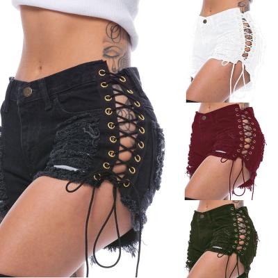 China 2022 QUICK DRY high waist bandage lace up jeans abbreviations Jean Pants Ripped Booty Denim short pants womens summer women for sale