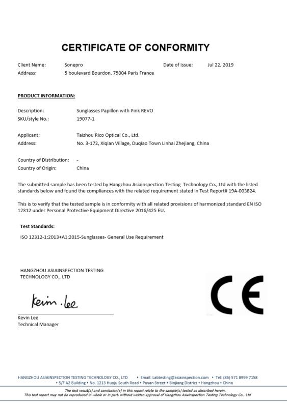 CE - Taizhou Rico Optical Co., Ltd.