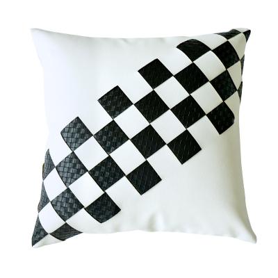 China Folded Handmade Woven Pillow Cover White Black Geometric Grid Checkerboard Throw Pillow Case Cushion Cover for sale