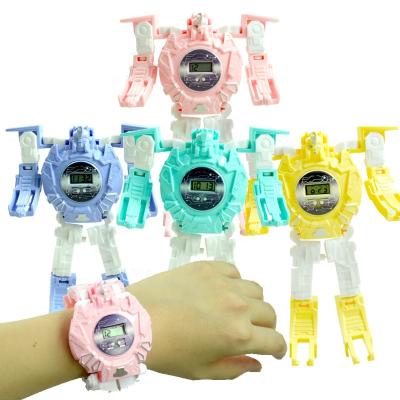 China Day/Date Colorful Cartoon Plastic Transform Change Warp Robot Toy Boys Girls Watches Wrist Children Digital Watch Kids Watch for sale