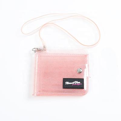 China Korea Eco-friendly Style Transparent Folding Hanging Clear PVC Bag Neck Glitter Purse Girl ID Card Holder Wallet for sale