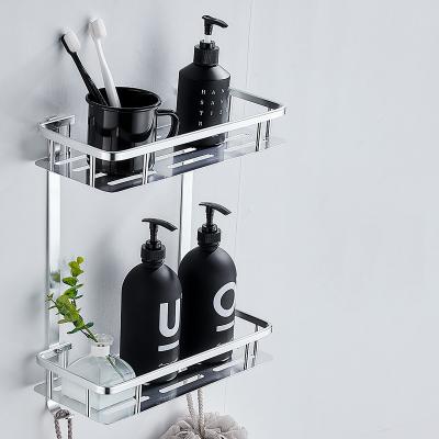 China Adhesive Wall Mount Shelf Shower Space Rack 2 Tier Bath Storage Basket Holder Multifunctional Aluminum Double Rack Platform for sale