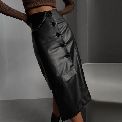 China Akaily Autumn Streetwear Womens Breathable Faux Leather Skirts PU Black Maxi Skirts Womens 2021 Long Bodycon Black Fashion Skirts Female for sale