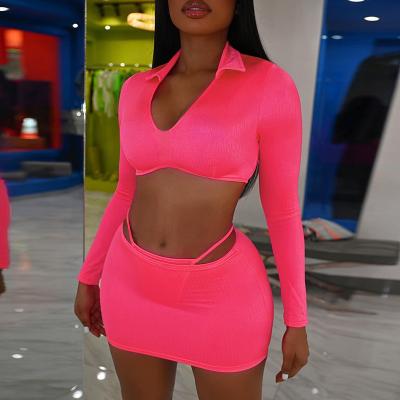 China Akaily Viable Soild Sexy 2 Two Piece Sets Women Skirts Long Sleeve V-Neck Crop 2021 Top Side Split Mini Skirt Bodycon Matching Sets for sale