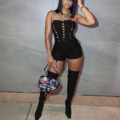 China AKaily Viable Summer Romper Sexy Women Backless Hollow Out Bandage Rompers Black One Piece Overalls Womens Fits Bodycon Rompers 2022 for sale