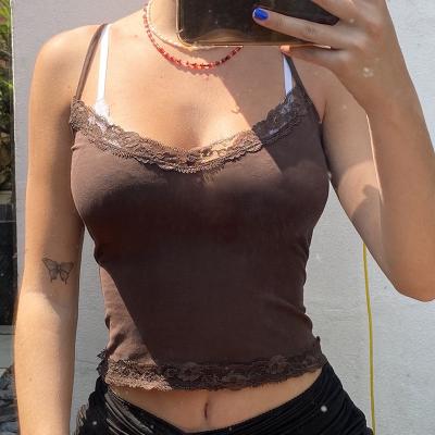 China Sexy AKaily Autumn Spring Cami Brown Tank Top Women Wearable Lace Sexy Outfits For Women 2022 Sleeveless Patchwork Corset Crop Tops for sale