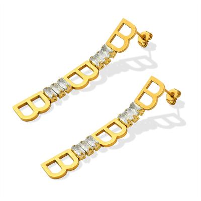 China High Quality Real Gold Plated Drop Long B Letter Rhinestone Dangle Earrings Stainless Steel For Women for sale