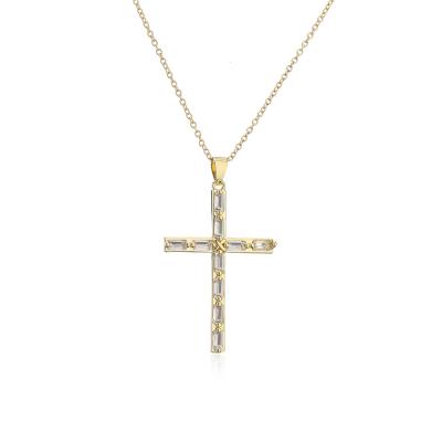 China Environmentally Friendly Personalized Gold Baguette-Cut Cross Necklace Made With Zircon for sale