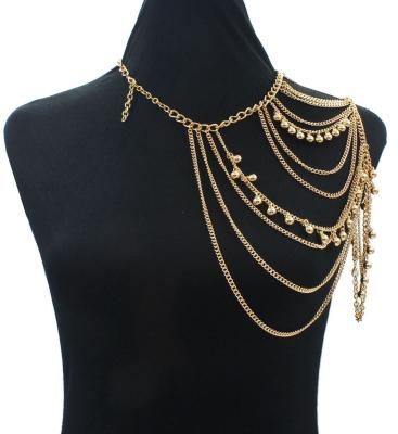 China Women Environmentally Friendly Gold Layered Tassels Metal Bell Shoulder Chain Bikini Body Accessories for sale