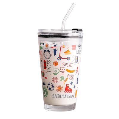 China Viable Thicken Transparent Borosilicate Tumbler Glass Cup Bottle Lemon Doodle Glass Cup With Lid And Straw for sale