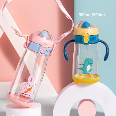 China 350ML/550ML Tritan Cartoon Printing Straw Viable Bottle Back With Handle Kids Plastic Drinking Bottle With Outer Scale for sale