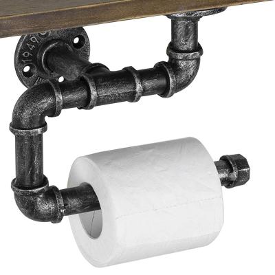 China Industrial Factory Price Simple Iron Pipe Toilet Paper Roll Holder With Floating Wooden Towel Rack Bathroom Decor Shelf Organizer Set for sale