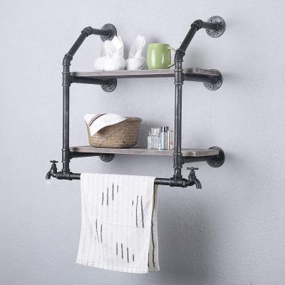 China Luxury Wall Mounted Iron Tube Shelf Bracket Vintage Black Wall Shelf Metal Towel Pipe Wall Shelf for sale